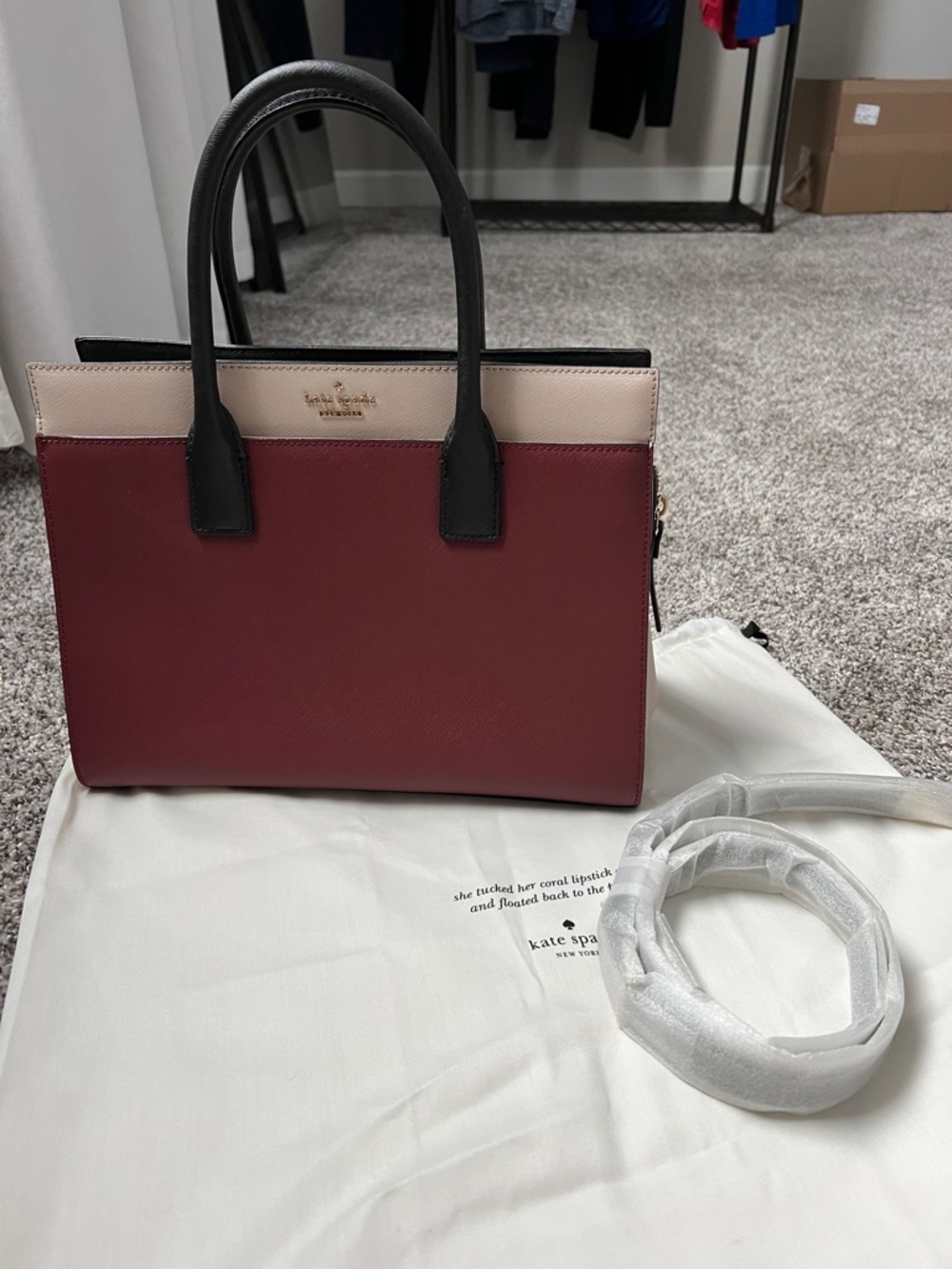 kate spade Colorblock Leather Satchel in Burgundy, Cream & Black